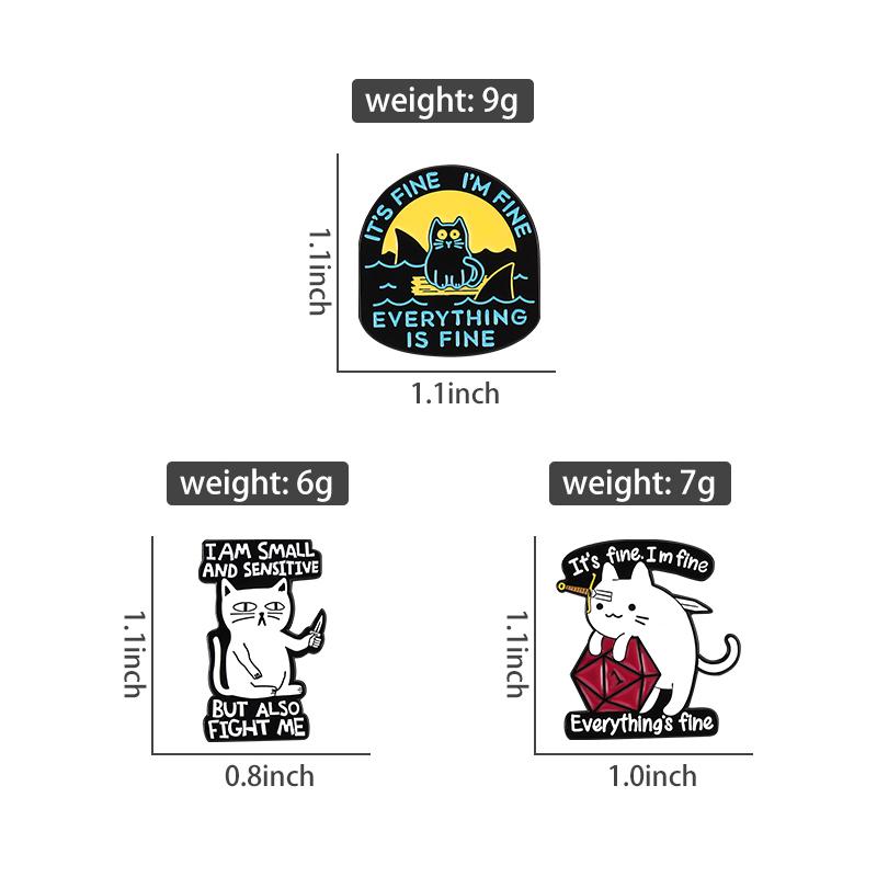 It's Fine I'm Fine Enamel Pin Custom Funny Cat Sharks Sword Brooch Lapel Badge Kitten Animal Jewelry Gift for Kids Friends
