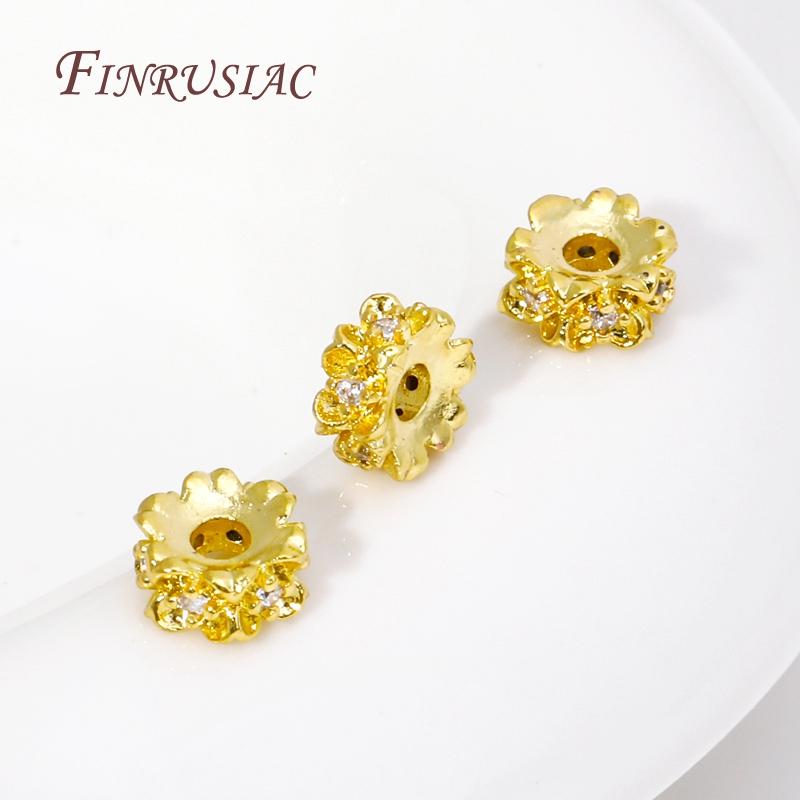 Fashion Inlaid Zircon Flower Spacer Beads 18K Real Gold Plated Separators For Beads Jewelry Making DIY Bracelet Accessories