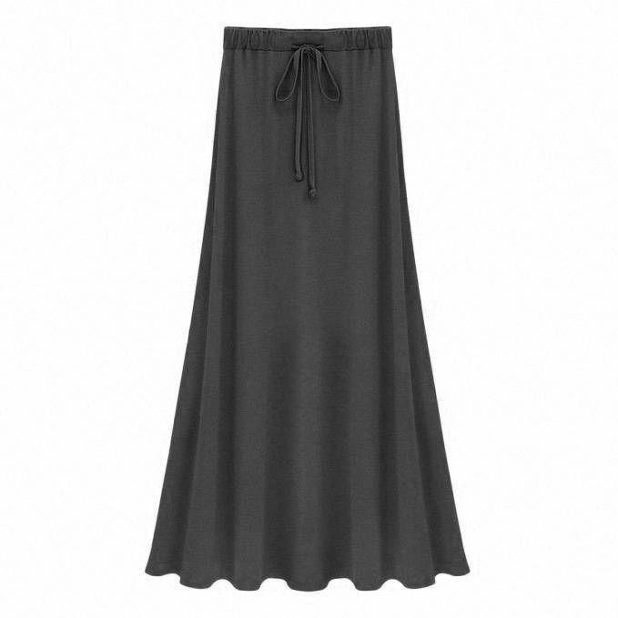 Women Maxi Skirt Adjustable Drawstring High Waist Side Slit Large Hem Long Skirt Solid Color A-Line Skirt