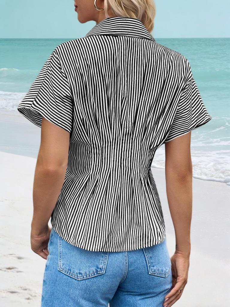 Womens Striped Button Down Shirt Short Sleeve Pleated Peplum Casual Blouse