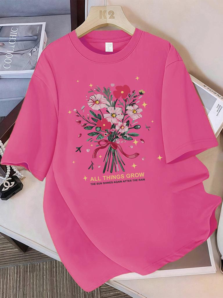 Summer T-Shirts Women Cotton All Things Grow Beautiful Flowers Print Tops Loose O-Neck Soft Comfortable T Shirt Casual Clothes