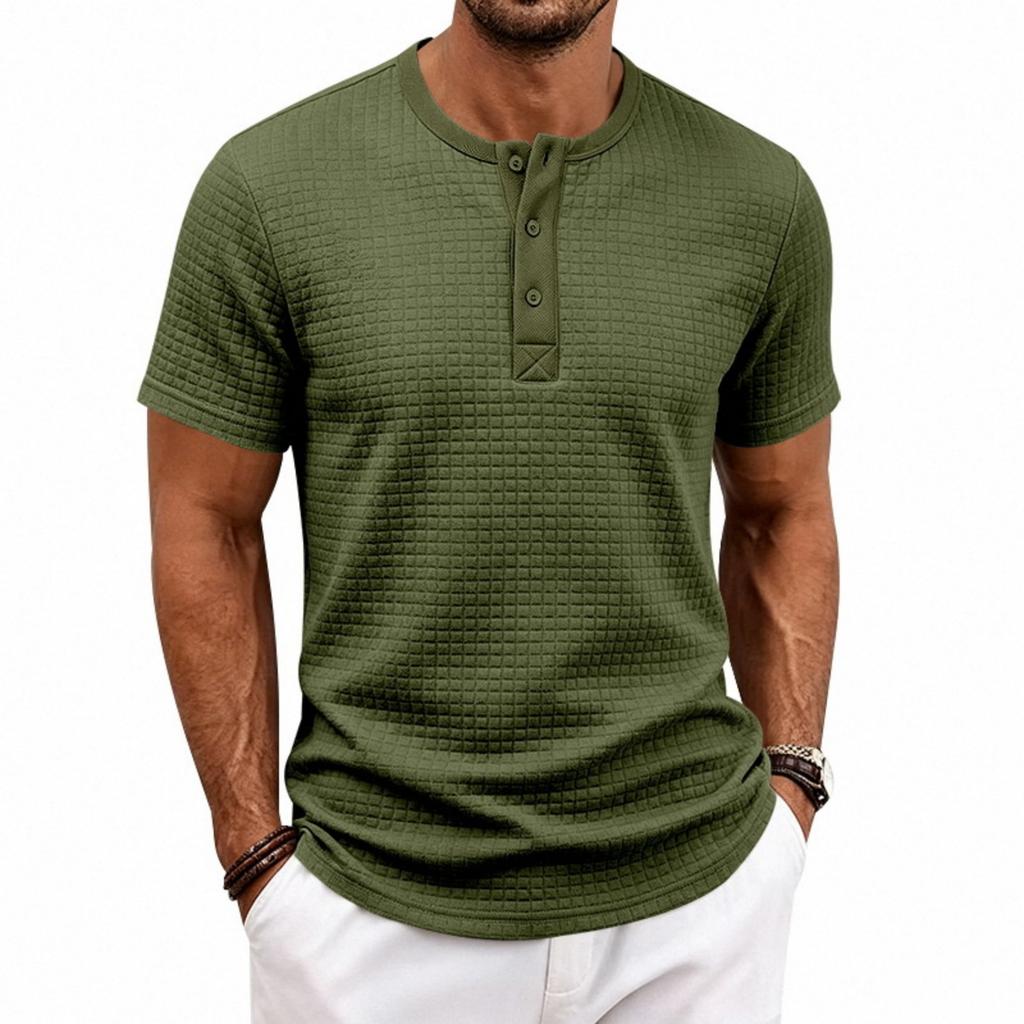 Men's Casual Short Sleeve Henley Shirt Loose Fit Small Check Jacquard Pattern Lightweight Summer Top with Button Placket