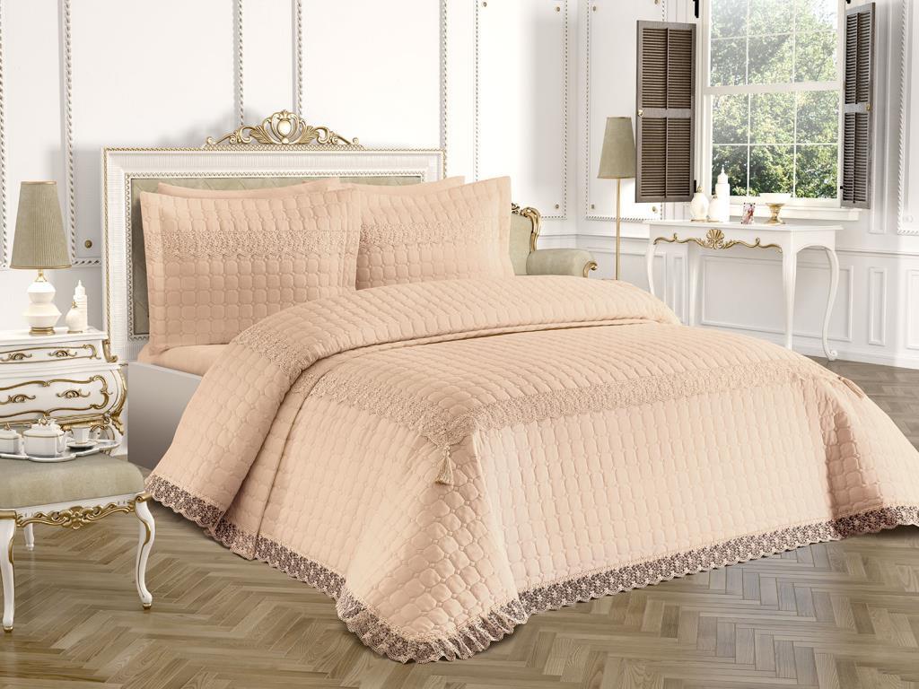 Roza Quilted Bedspread 3pcs, Coverlet 250x260 with Pillowcase, Cotton Fabric, Double Size, Full Bed, Beige