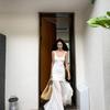 European and American Style Summer New Fashion Square Collar Pleated Pendulum Waist Thin Mesh Suspender Dress Women