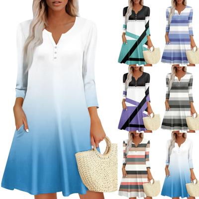 Women's Summer Dress Loose V Neck Three-quarter Sleeve Sundress With Pockets Dress