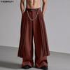 INCERUN Men Zip-up Waist Front Layers Solid Casual Long Pleated Pants Trousers
