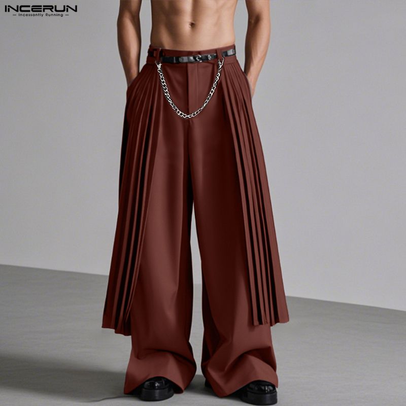INCERUN Men Zip-up Waist Front Layers Solid Casual Long Pleated Pants Trousers