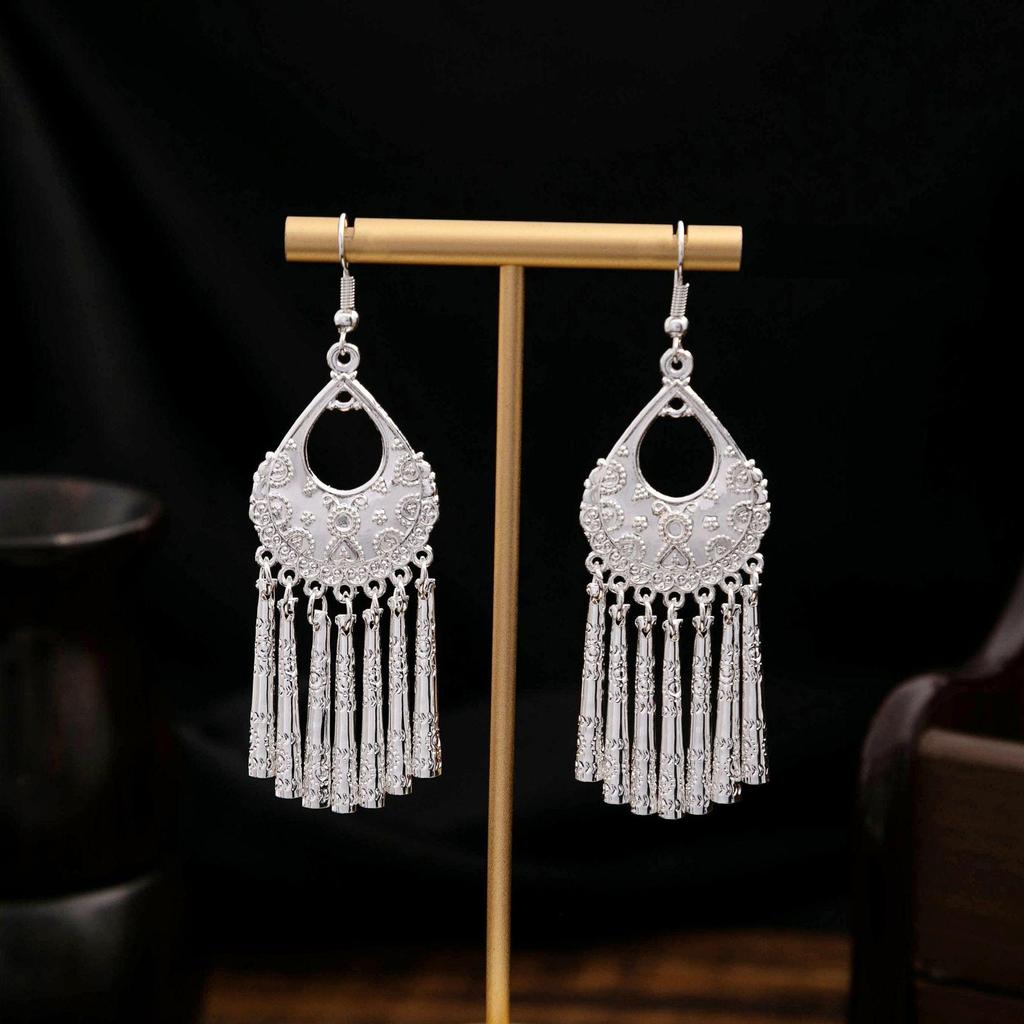 Imitation Miao Silver Ethnic Long Leaf Tassel Dangle Earrings