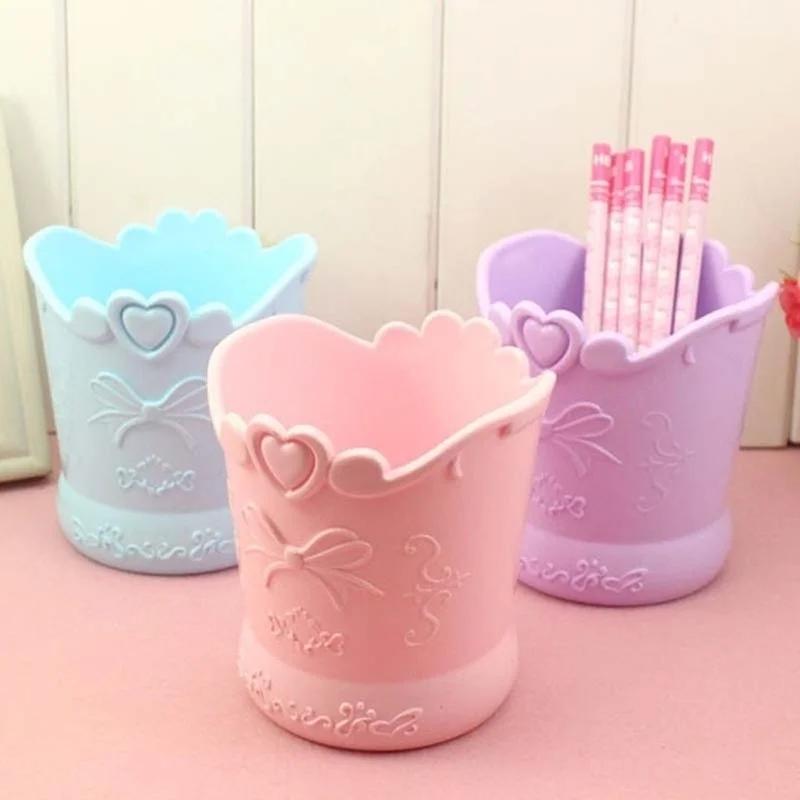 Cute Bow Pen Holder Candy Color Kawaii Pink Pencil Stationery Organizer Box Stand Container Home Makeup Brush Storage Bucket