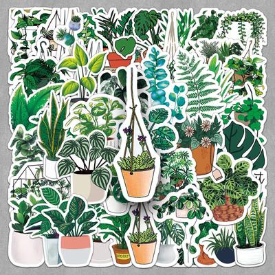 50pcs Green Cartoon Plant Stickers - INS Style for Decorating Milk Tea Cups