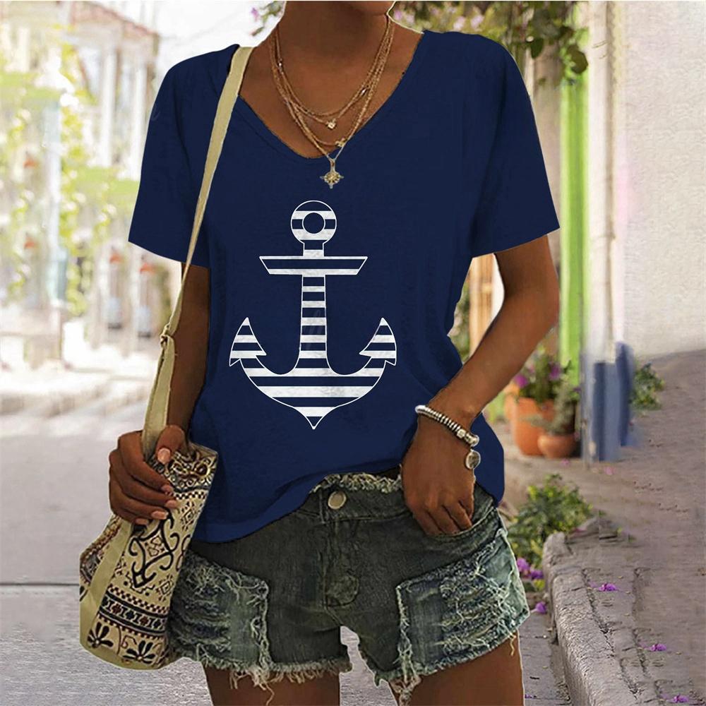 Sommer Oversized T-Shirts Ankerprint Oberteil für Damenmode V-Ausschnitt Damenmode Große Größen Stil T-Shirt für Damen