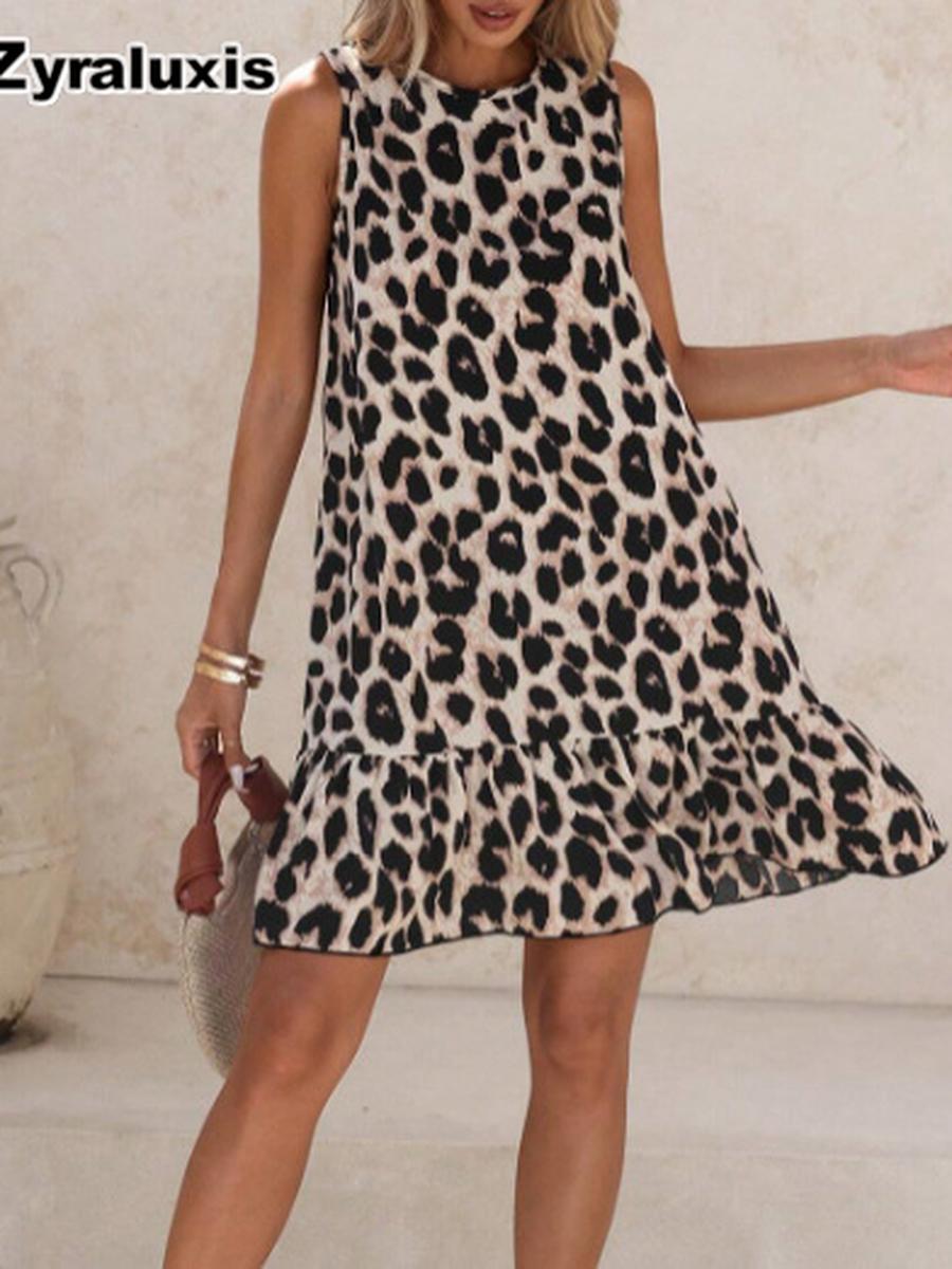 Polka Dot Leopard Print Sexy Mesh Inserted Back Bow Detail Dress S