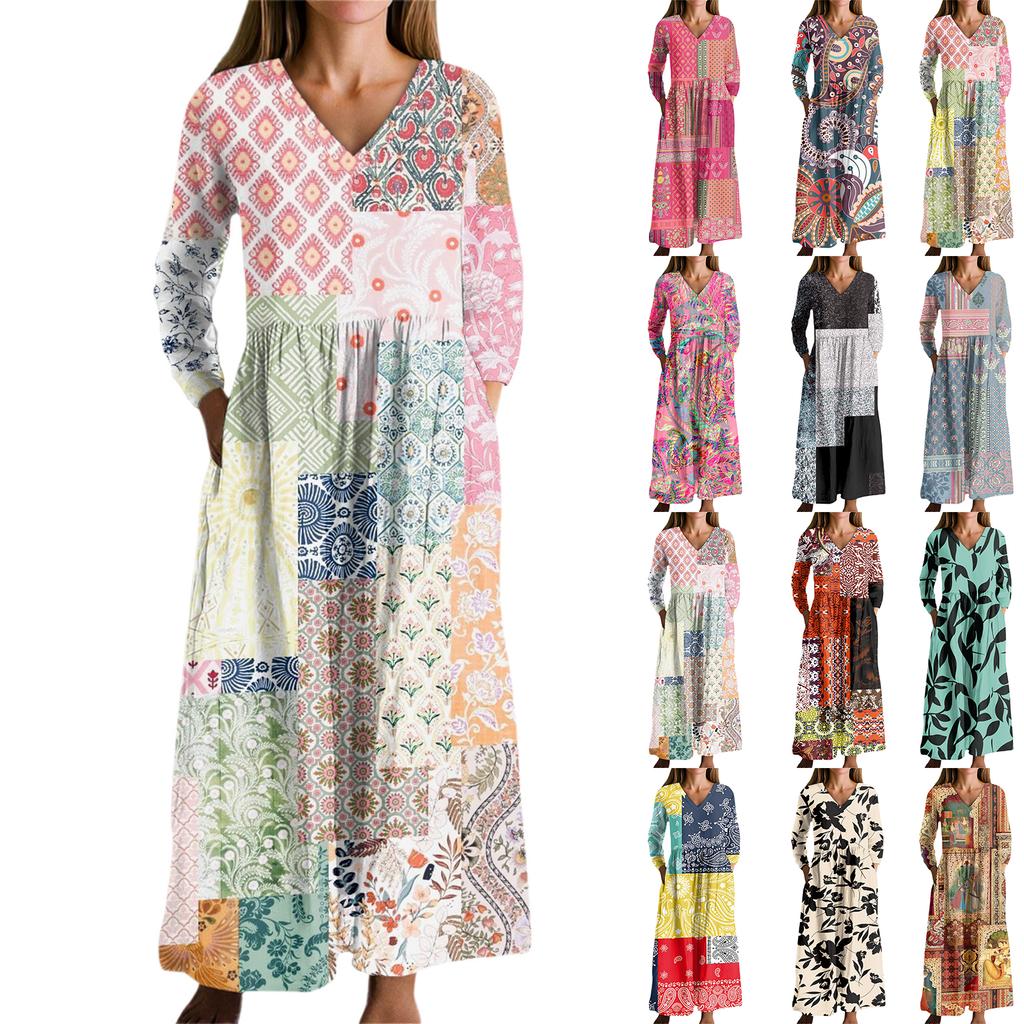Women's Fashion Dress Spring V-neck Long Sleeve Dress