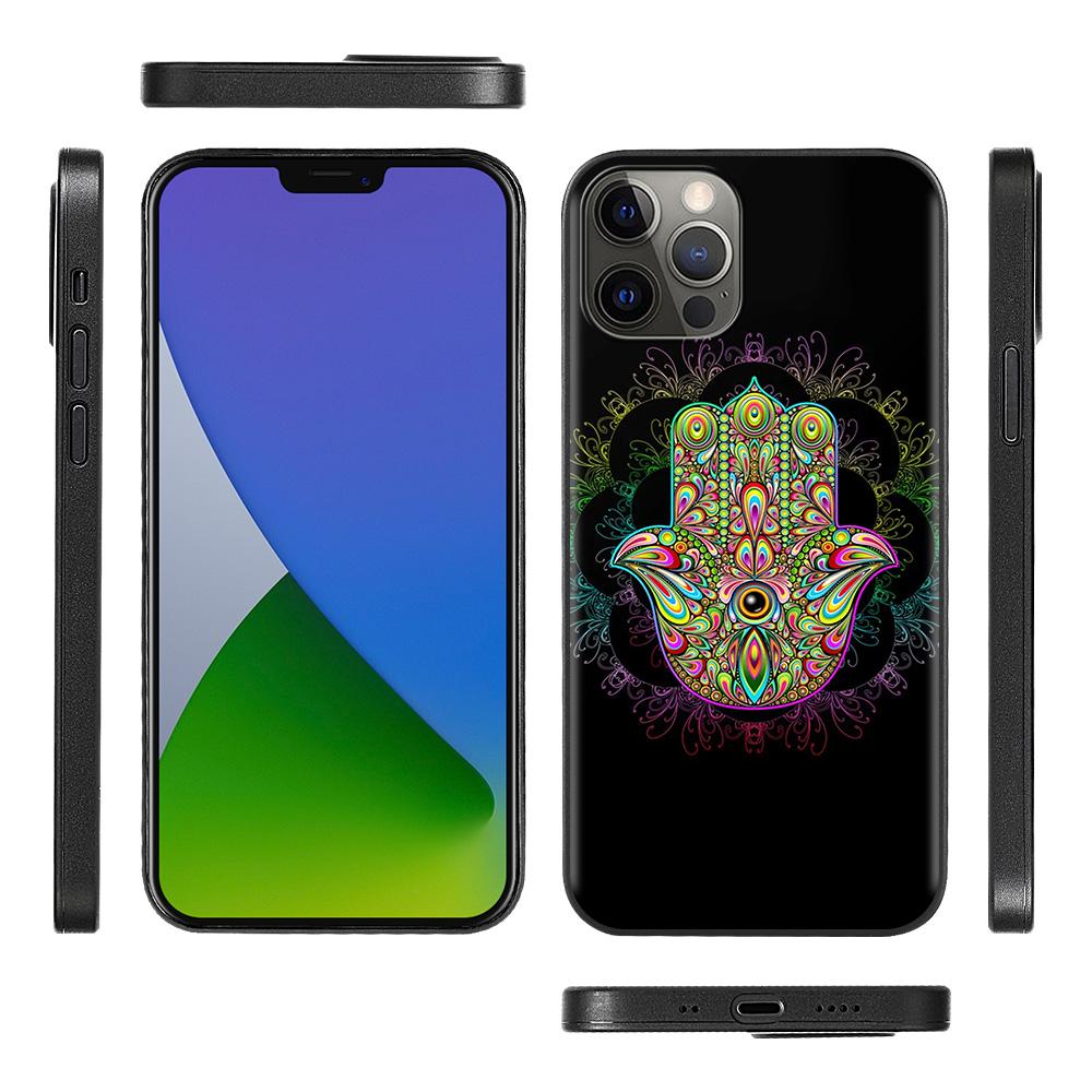 Handyhülle für iPhone 14 12 Mini 11 Pro X Xs Max Xr 8 7 6 6s Plus Schwarz TPU Fundas Capa Hamsa Hand Amulett Psychedelic Art