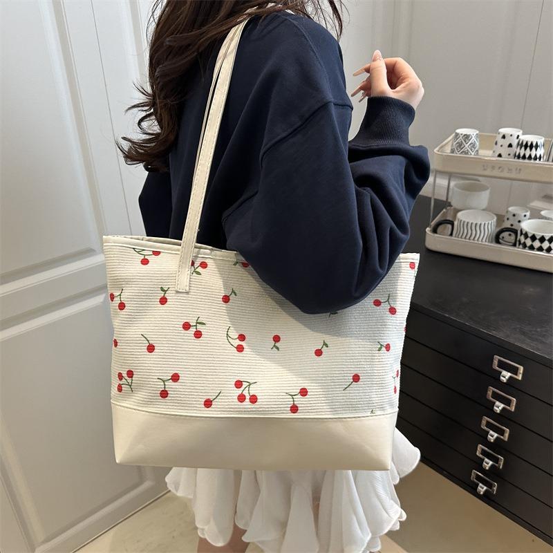 High Value Cherry Printed Tote Bag Women's New Fashion Trend Large Capacity Shoulder Bag Leisure Bag