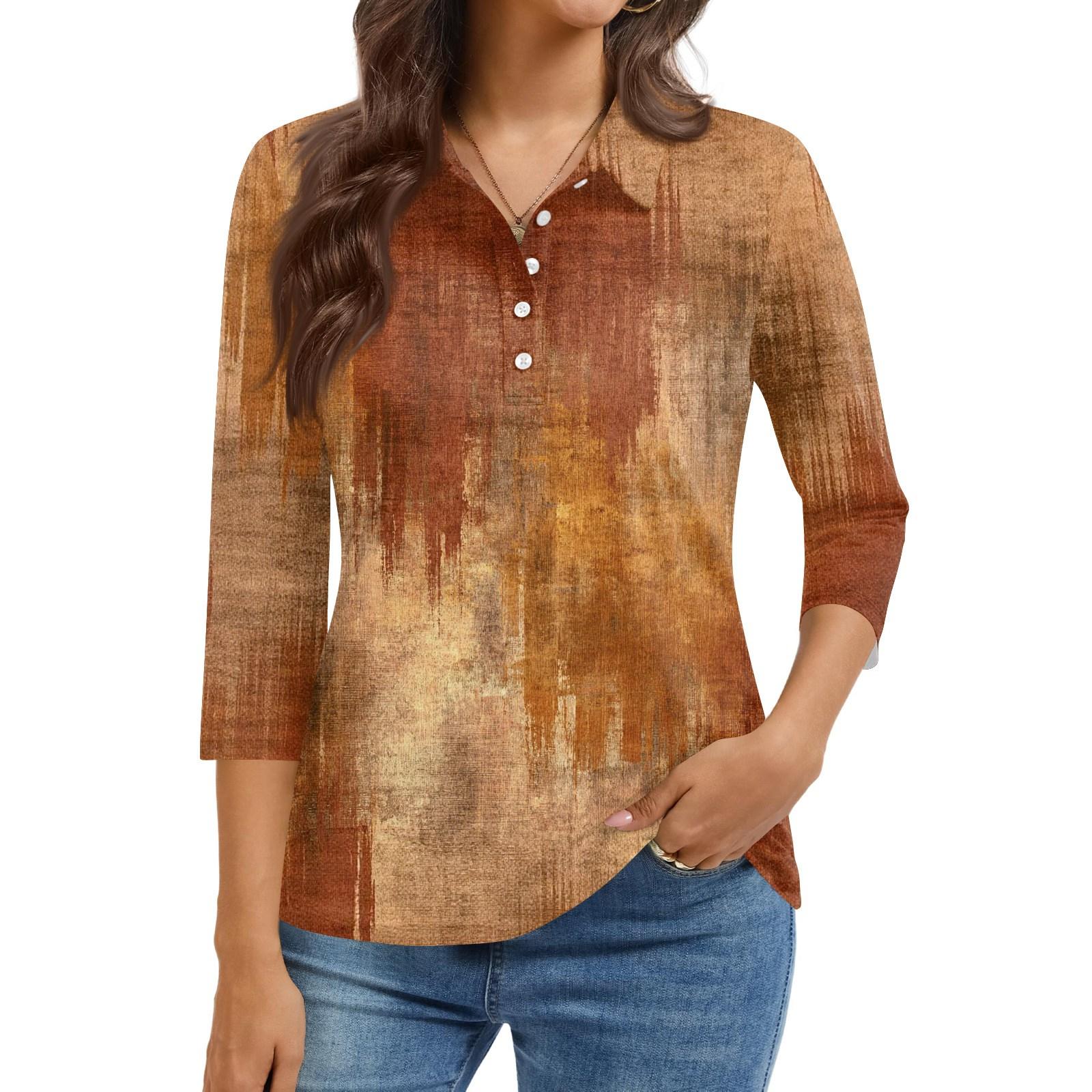 

Жіноча модна повсякденна сорочка з лацканами, коротким рукавом 3/4, принтом, жіночі топи на ґудзиках S коричневий