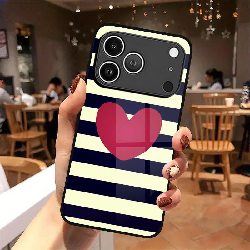 Creative Striped Heart Pattern Tempered Glass Phone Case For iPhone 17 16 15 Pro Max 14 13 12 11 17 Air 7 8 Plus XR XS X Cover
