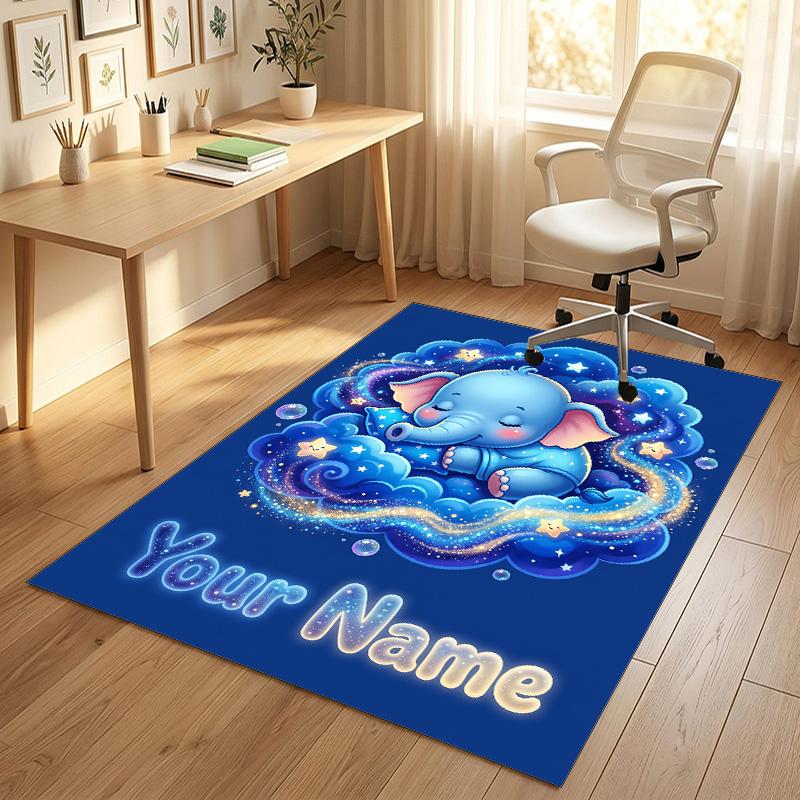 Elephant Theme Crystal Velvet Rug Personalized Custom Name Text Soft Floor Mat Home Decor