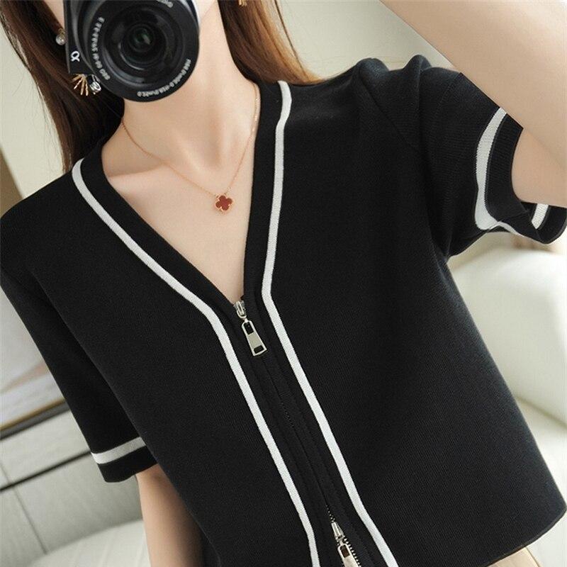 Summer Ice Silk Women Shirt Zipper Women Knit Blouse V-neck Half Sleeve Sunscreen Shirts Casual Short Sleeve Tees Tops 25006