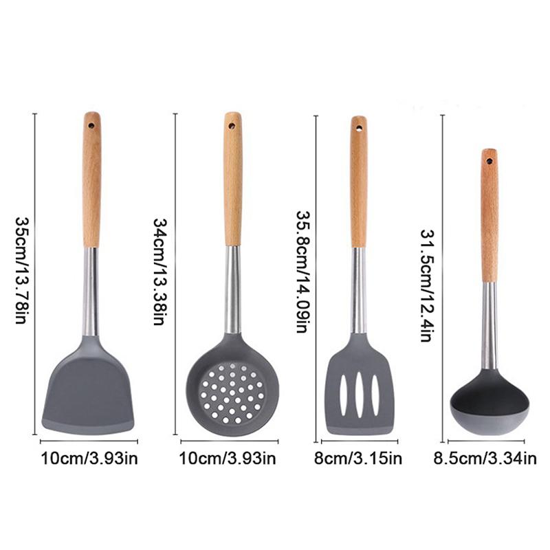 Silicone Kitchen Utensils Wooden Handle Non Stick Pot Kitchenware Cooking Heat-Resistant Soup Spoon Pasta Colander Shovel