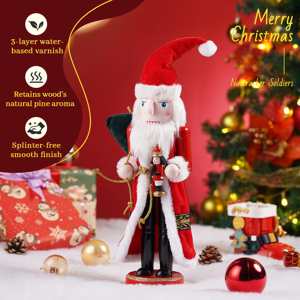 35CM Christmas Nutcracker Red Santa Claus with Cape Style Wooden Handicraft Home Office Festival Decoration Gift-giving