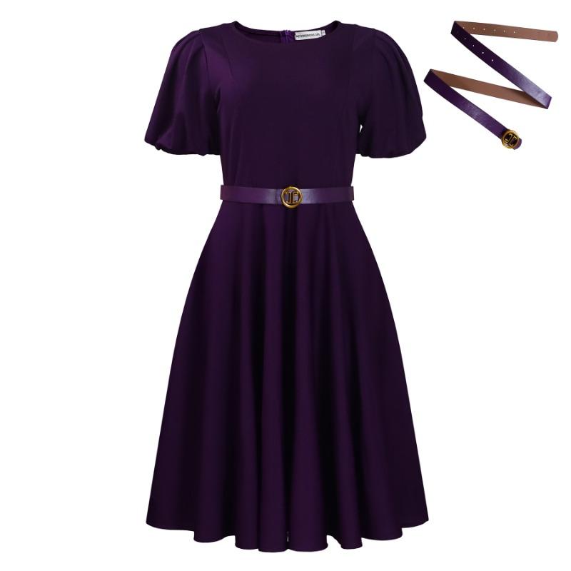 Women's summer fashion bubble sleeves elegant high waist solid color round neck large skirt dress