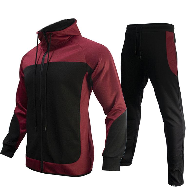 Men's Autumn-Winter Hooded Color-blocked Casual Sportswear Long Sleeve Sweatshirt and Loose Pants Outdoor Jogger Cargo Suit