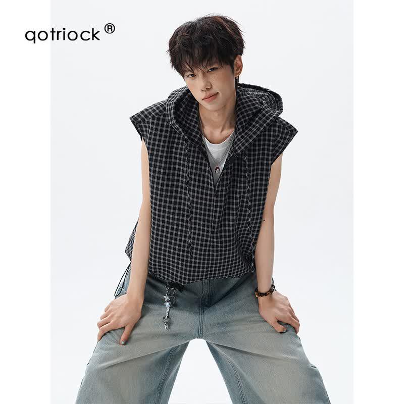 QOTRIOCK Faux Two-Piece Plaid Hooded Vest M чёрный