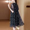 Elegant Broken Flowers Printed Dresses Summer Stylish Edible Tree Fungus Spliced Female V-Neck Drawstring Bow A-Line Midi Dress