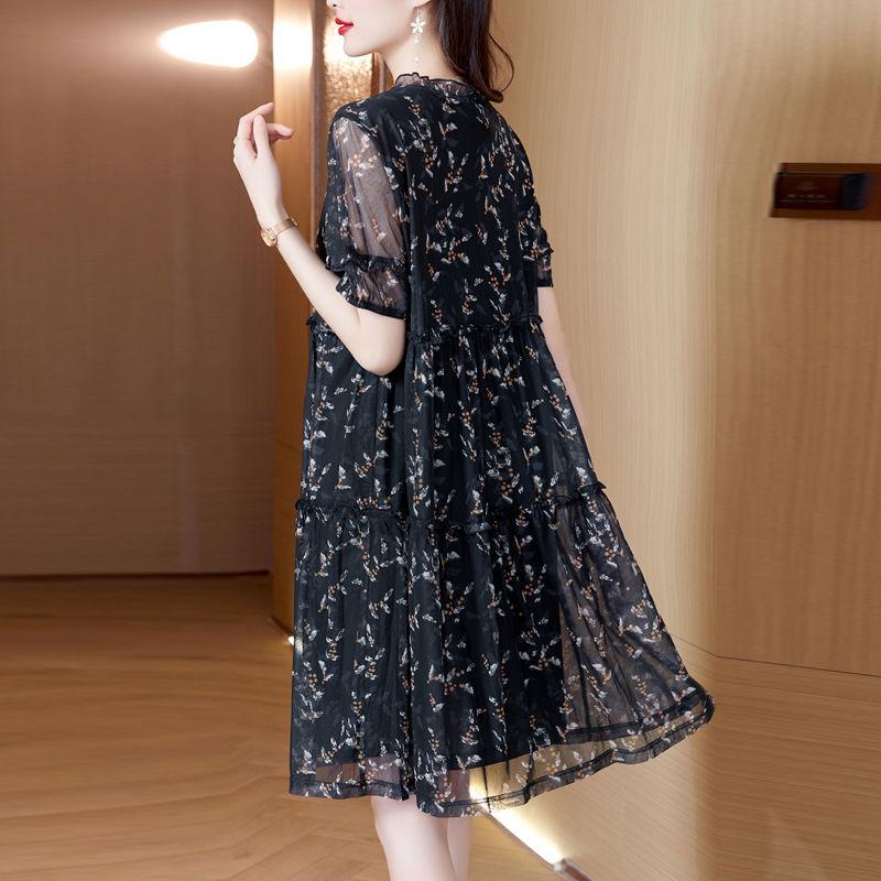 Elegant Broken Flowers Printed Dresses Summer Stylish Edible Tree Fungus Spliced Female V-Neck Drawstring Bow A-Line Midi Dress