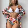 2025 European & American Lace Print Bikini Three-Piece Cover-up Set for Women