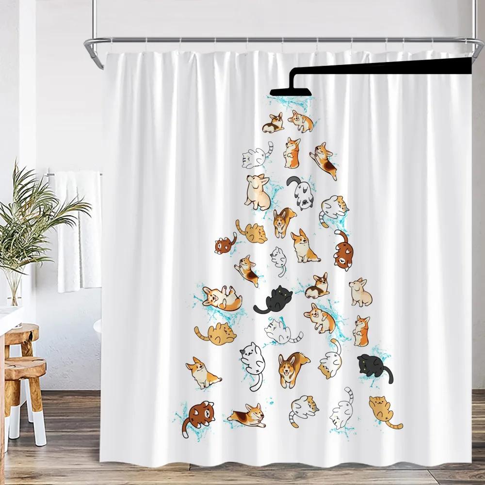 Funny Animal Cartoon Shower Curtain Ocean Life Dog Bathing Cat Kid Bathroom Decor Children Polyester Bath Curtain with Hooks