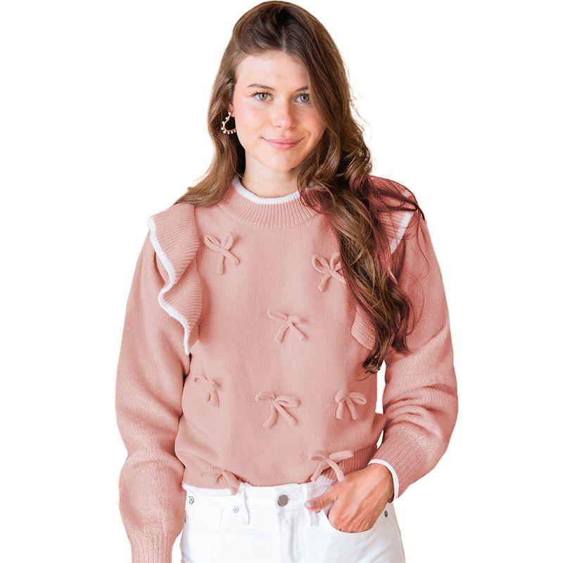 

American Shiying Winter New Bow Rib Edge Pullover Women 2025 European and American Cute Round neck sweater Pink XL code fits (70.00 kg-75.00 kg