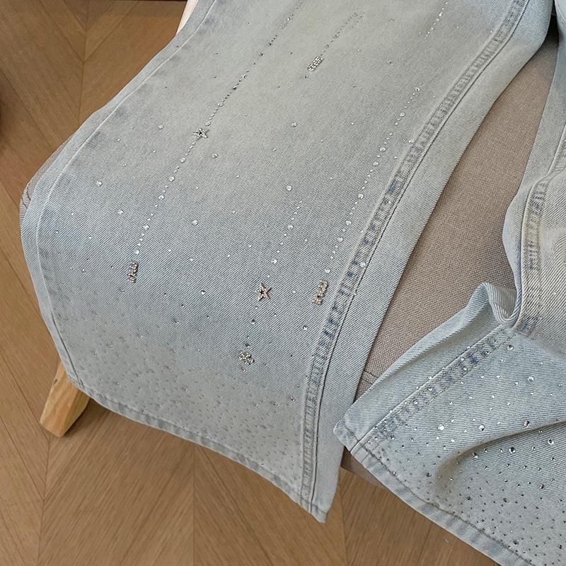 Women's High-Waist Light Blue Denim Pants with Shiny Detailing – Slimming Straight to Wide-Leg Casual Versatile Fit