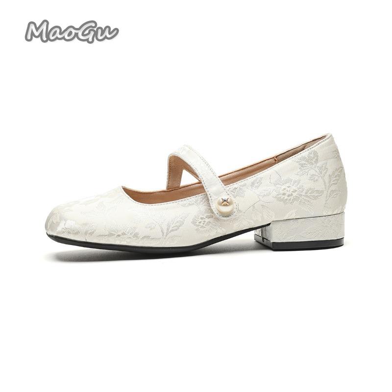 Fashion Elegant Square Toe Low Heel Pumps Women's Thick Heeled Chinese Style Mary Jane Shoes Shallow Mouth Comfortable Shoes for Women