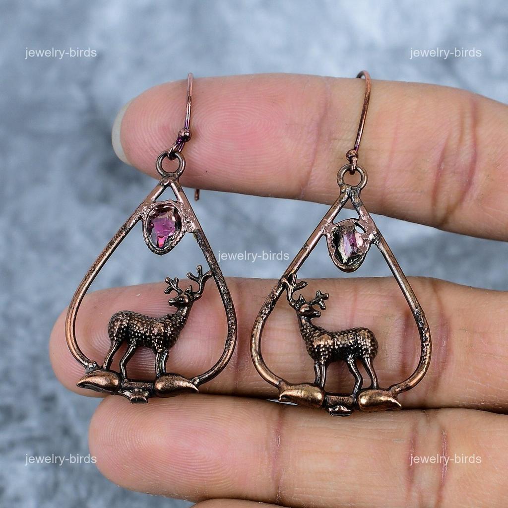 Oval Ruby Stone Birthday Gift Dangling Electroformed Engagement Earrings Copper VP-82