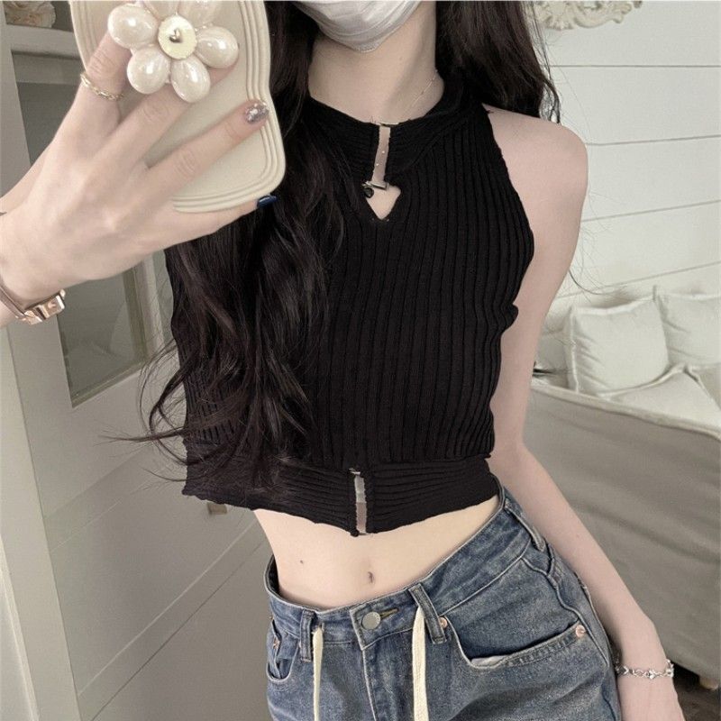 Strickweste Damen Oberbekleidung Hot Girl Aushöhlen Neckholder Ärmellos Basisschicht Innenbekleidung Kurzes Top Sommer