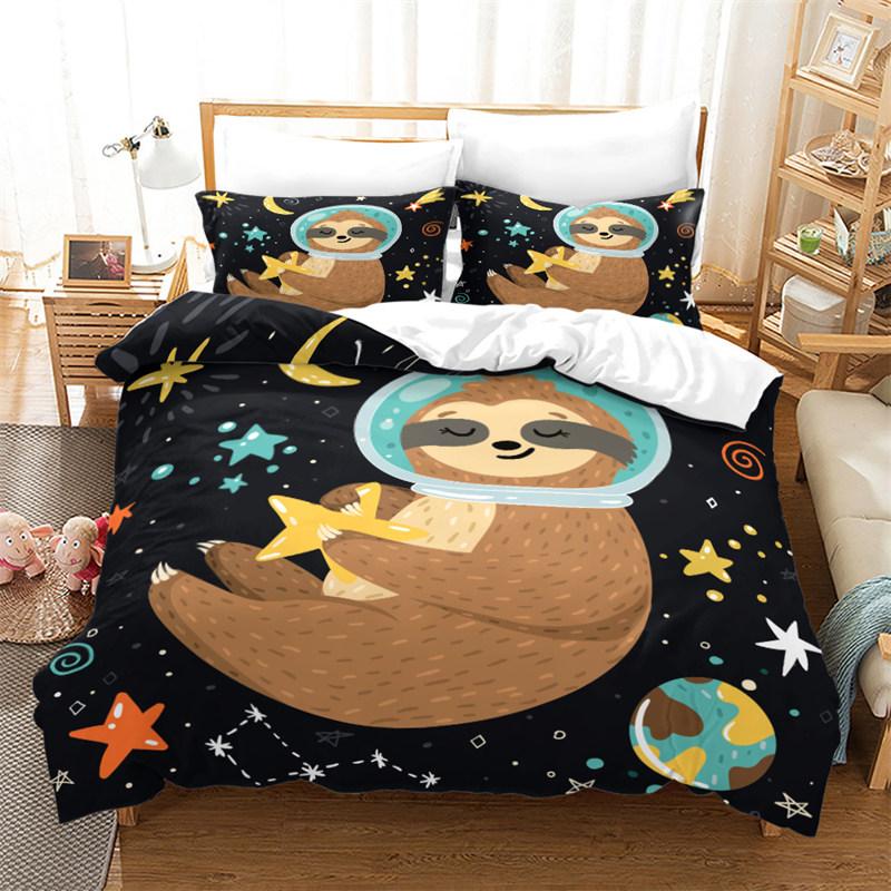 Niedlicher Cartoon Faultier Bettbezug Floraler Blätterdruck Bettwäscheset Für Kinder Teenager Schlafzimmerdeko Blumen Bettdeckenbezug Kissenbezüge