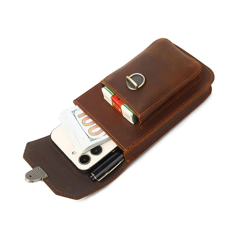 Men's Genuine Leather Mobile Phone Waist Bag, Cowhide Multi-functional Buckle, Belt-fitting Mobile Phone Bag