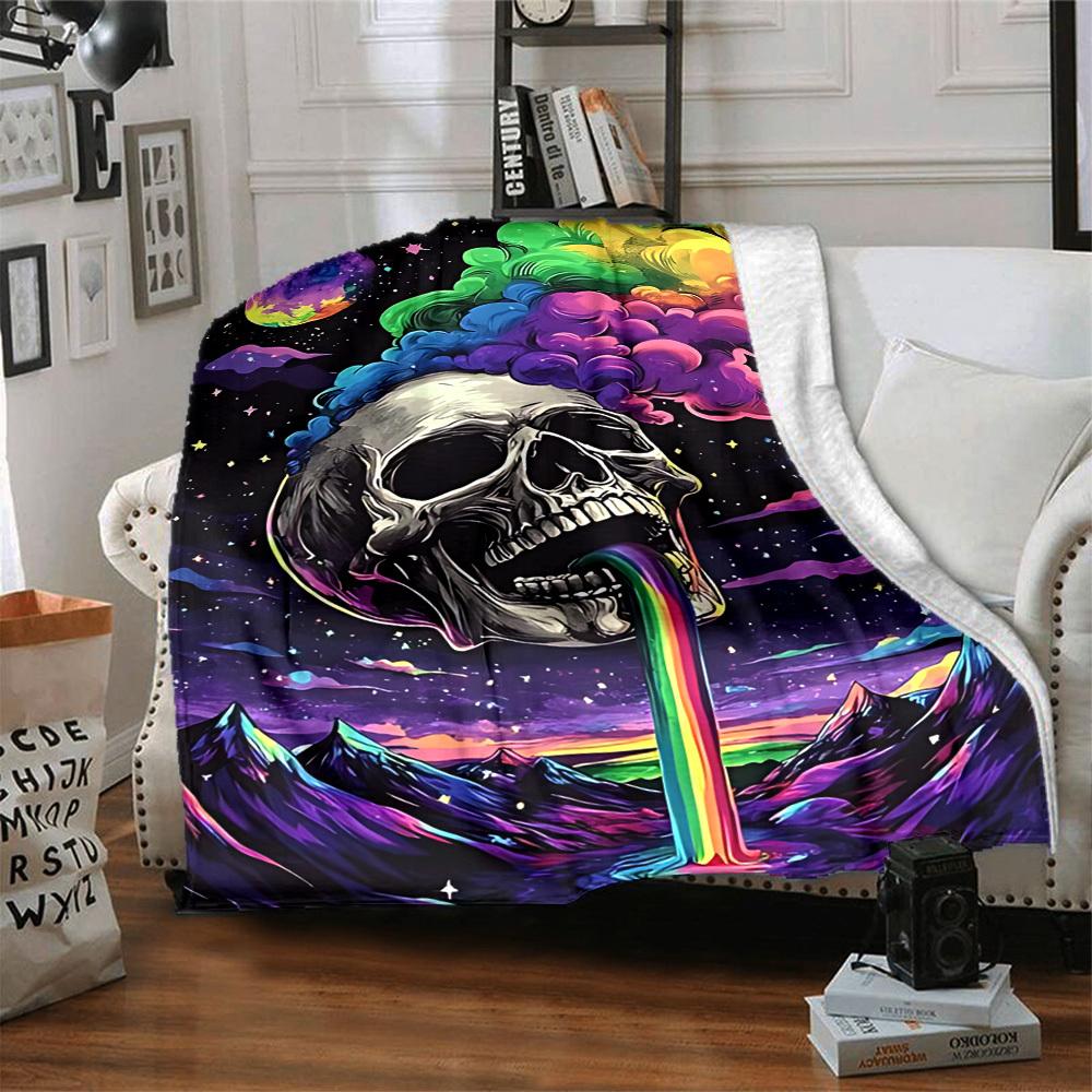 1pc Skull Rainbow Blanket, Lightweight Flannel Throw Blanket For Sofa, Bed, Travel221