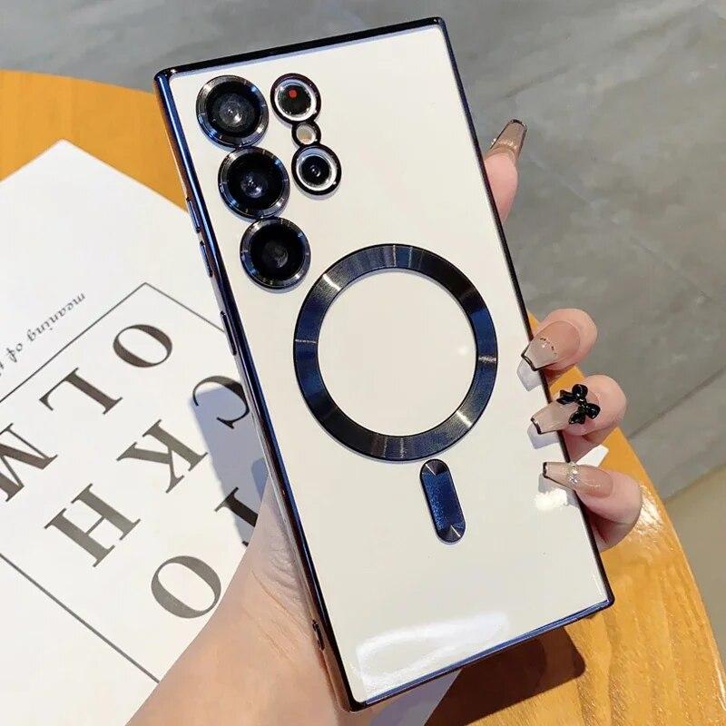 Luxury Plating Transparent For Magsafe Phone Case For Samsung Galaxy S25 S24 S23 Ultra Plus FE Wireless Charge Shockproof Cover