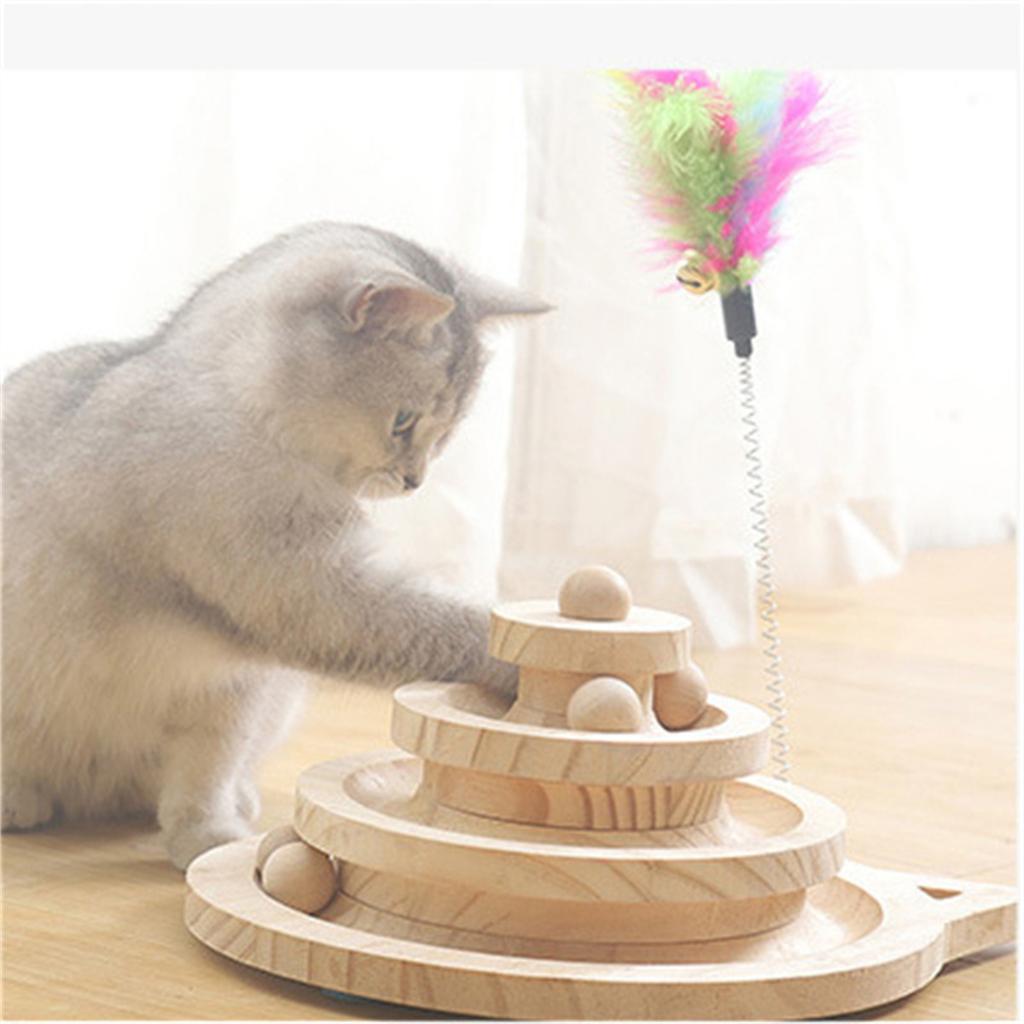Wooden 2/3 Levels Pet Cat Toy Tower Tracks Disc Cat Intelligence Amusement Triple Play Disc Cat Toys Ball Training Toys