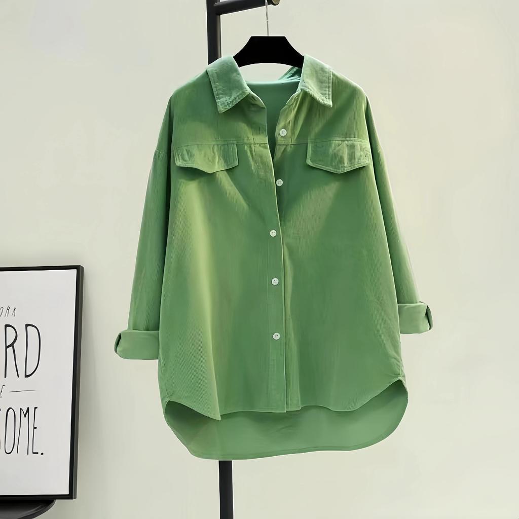 Women's Spring Solid Color Shirt Corduroy Shirt Double Pocket Thick Shirt Cardigan Button Polo Collar Long Sleeve Tops