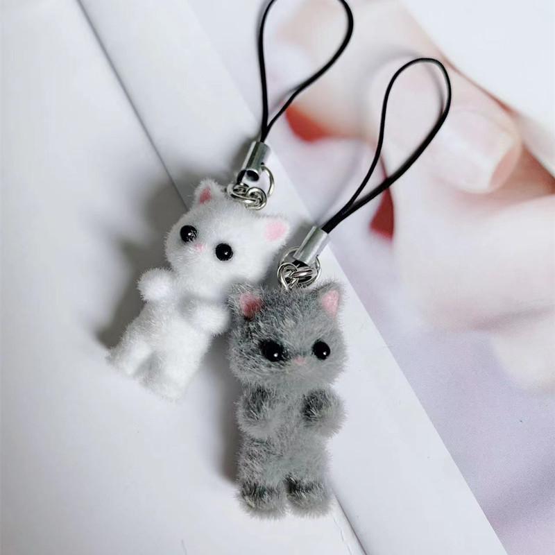 Sales 1 Piece Flocking Fabric 3D Lovely White Black Cat Mobile Phone Charms Cute Animal Cellphone Lanyard Strap