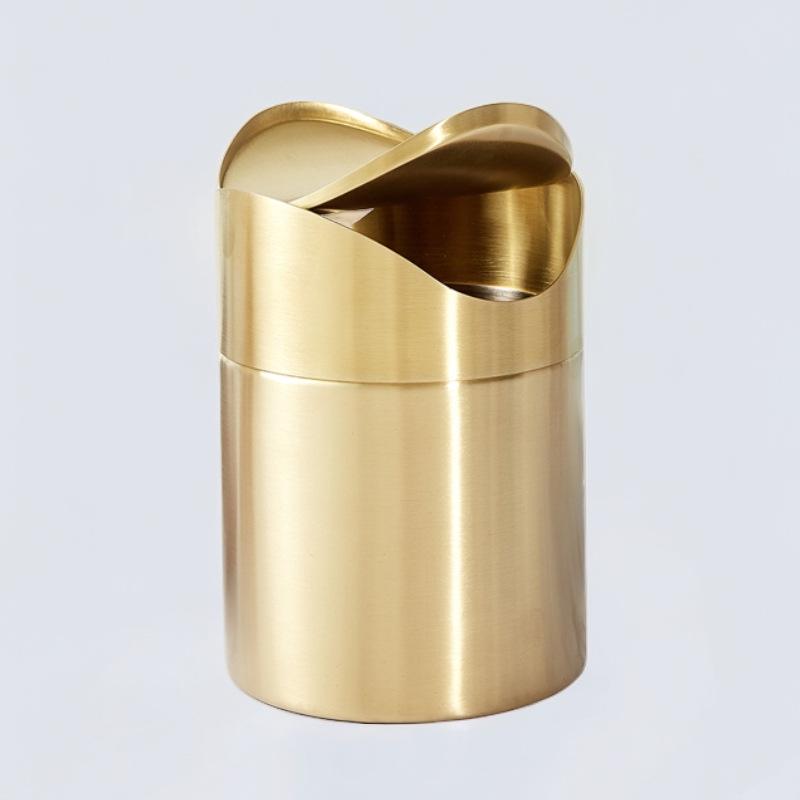 Gold Desktop Trash Can - 304 Stainless Steel Mini Bin with Lid, Light Luxury Storage Basket