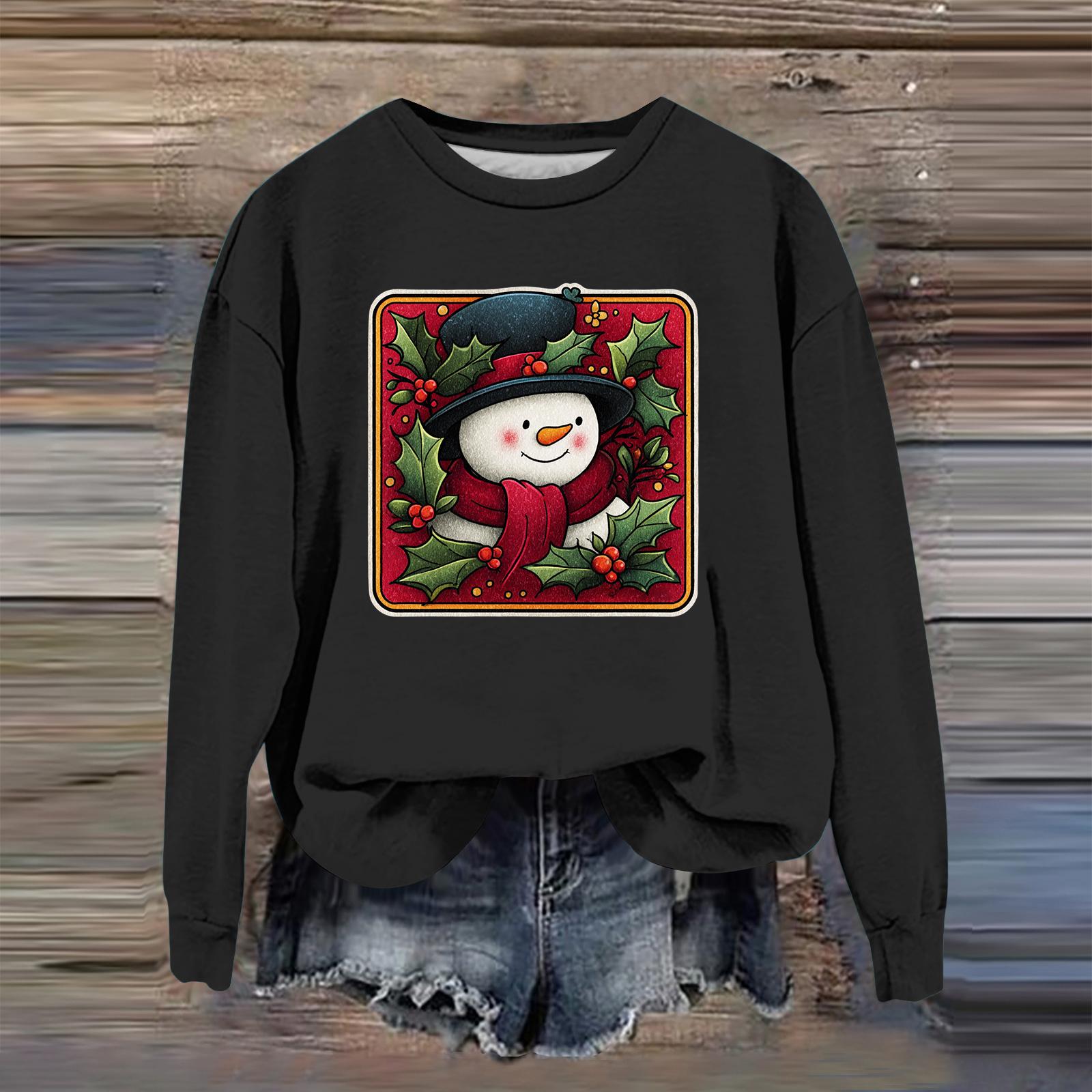 

Женский модный повседневный свитшот с длинным рукавом и свободного кроя с рождественским принтом S чёрный