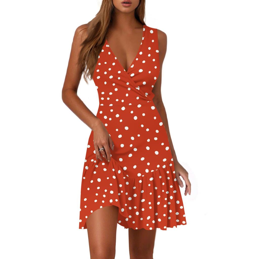 Ladies Casual Fashion V-Neck Sleeveless  Print Dress