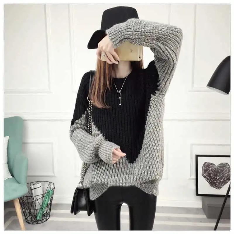 Thick Wool Sweater Women Autumn Winter New Color-blocking Base Women Wearing Round Neck Knitted Sweater