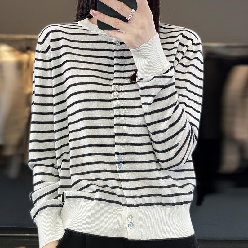 Round-neck Striped Knit Cardigan Summer New Spring Striped Color-blocked Wool Knit Cardigan Women's Jacket Top