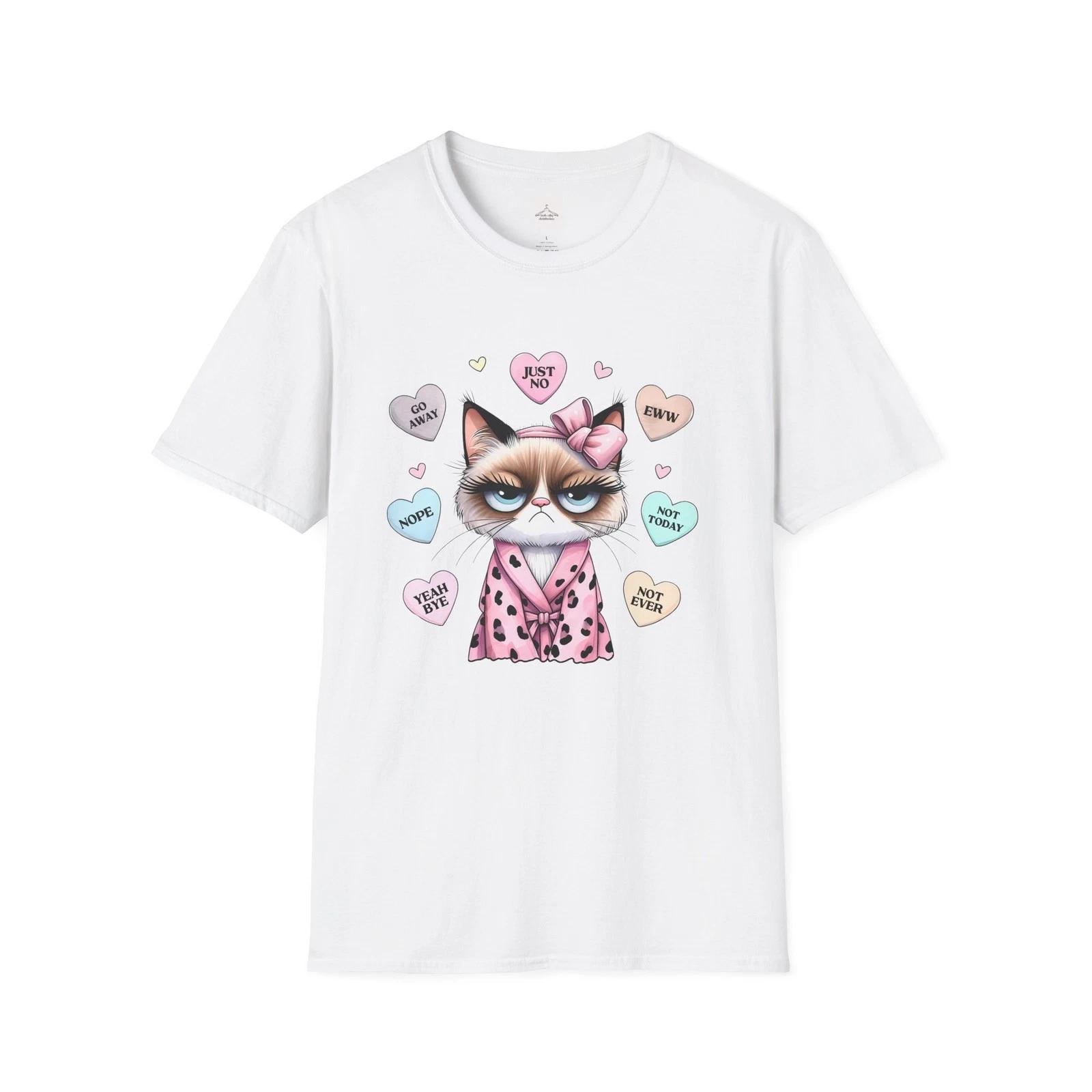 Grumpy Cat in Pink Robe T-Shirt | Candy Heart Sayings XL